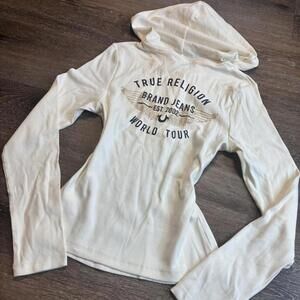 True Religion NWT Women's Large Long Sleeve Henley Hoodie Shirt Bedazzled New